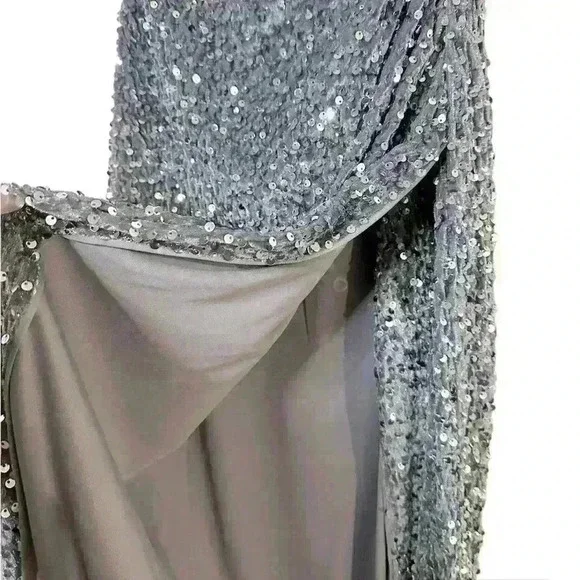 One Shoulder Sequin Sparkle High Slit Wrap Formal Evening Dress Silver S - Picture 7 of 12